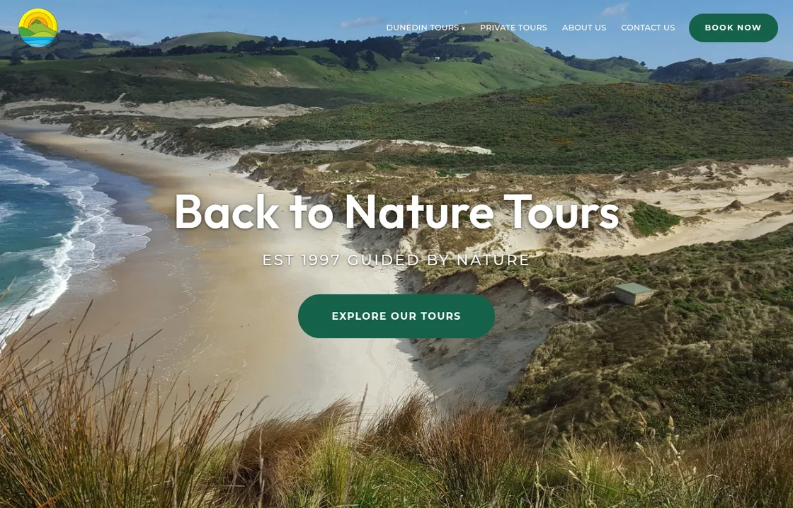 The rebuilt Back to Nature Tours homepage: a coastal landscape hero with the tagline Est 1997, Guided by Nature.