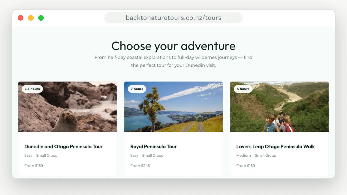 Tours listing page of backtonaturetours.co.nz showing bookable tour cards with prices